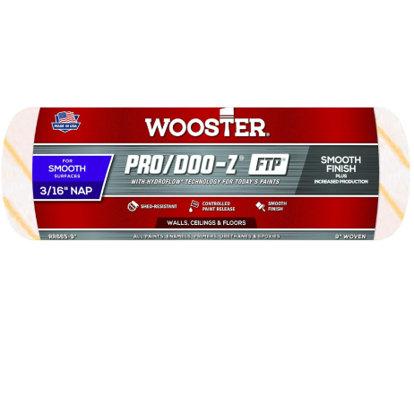 The WOOSTER Pro/Doo-Z FTP 9 in. Roller Cover, in red and white packaging, is perfect for pros. It features a 3/16 nap for smooth surfaces like walls, ceilings, and floors. Its woven design is shed-resistant, ensuring a controlled paint release ideal for professional painters.